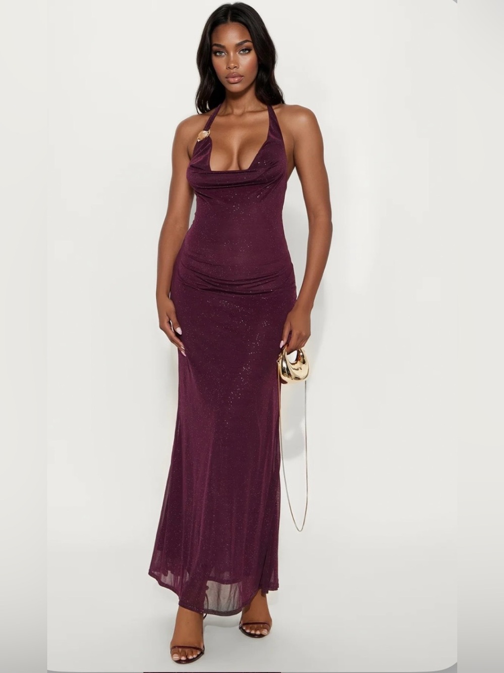 Plunge Halter Maxi Dress in Deep Plum